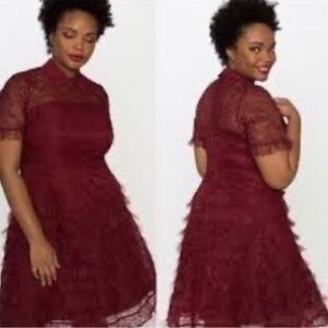 Eloquii Burgundy Wine Lace Peter Pan Collar Ruffle Midi Dress SZ 28 Romantic NEW